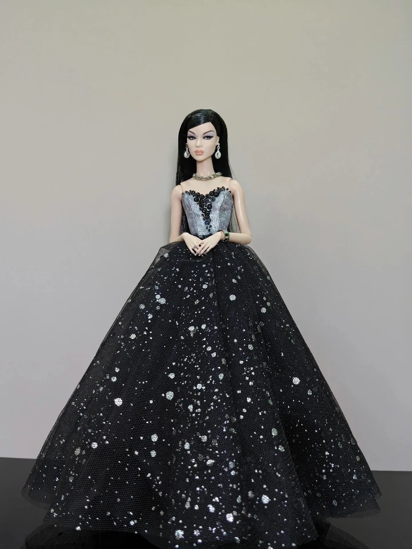 1/6 Babi Doll Clothes Galaxy Glitter Elegant Evening Gown Fashion Black Wedding Dress For 30cm FR Babi Supermodel Doll Dress Up