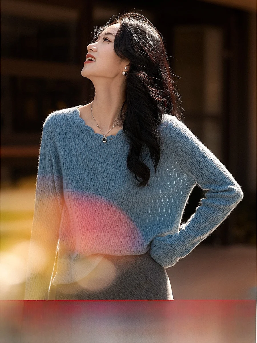 

Вязаный свитер XiaoHanGe Camere с V-образным вырезом, узором крючком, мягкий, дышащий, повседневный, свободного кроя, женский