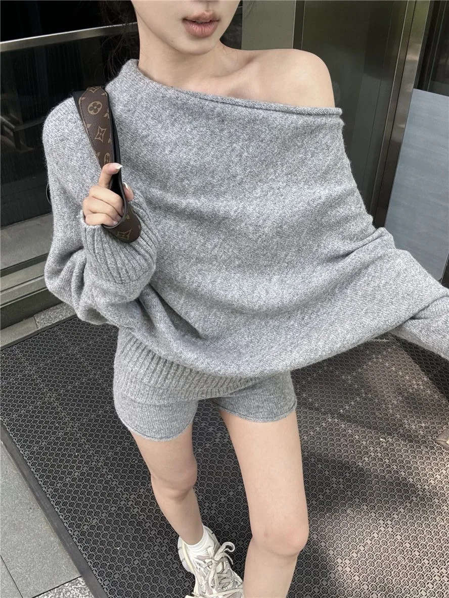 New Fashion Design Spring Women Sexy Club Off Shoulder Irregular Knitted Long Sleeve Sweater Two Piece Set Versatile Shorts