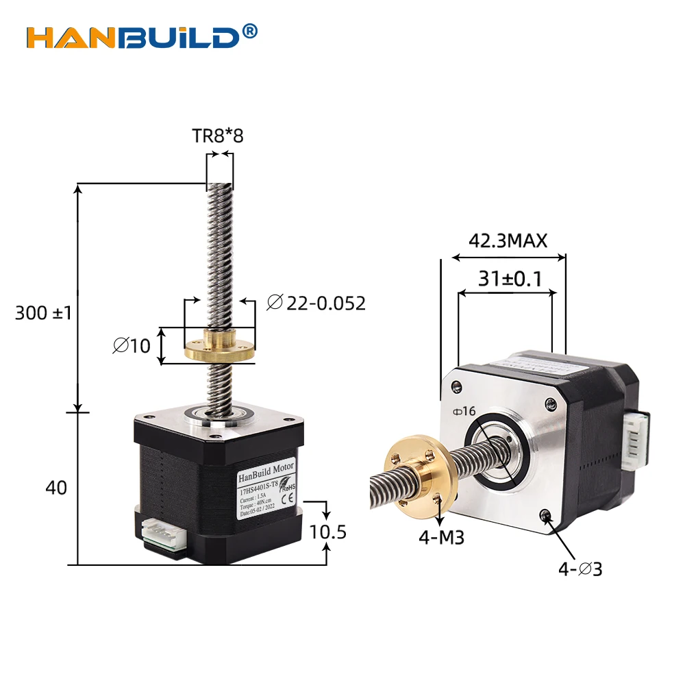 Nema17 Screw motor 17HS4401S-T8*4 300mm 1.7A 40N.cm Screw Rod Linear Stepping  Motor with Trapezoidal Lead for CNC milling machi