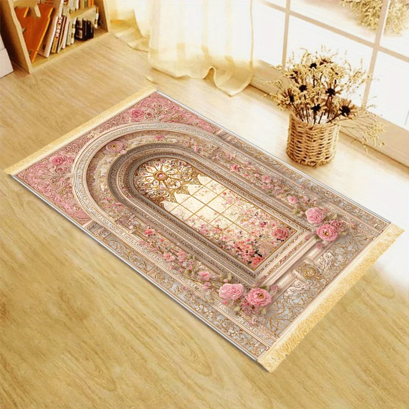 VIKAMA Pink Gold Floral Arch Design Muslim Prayer Mat Non-Slip Portable Carpet for Bedroom Living Room