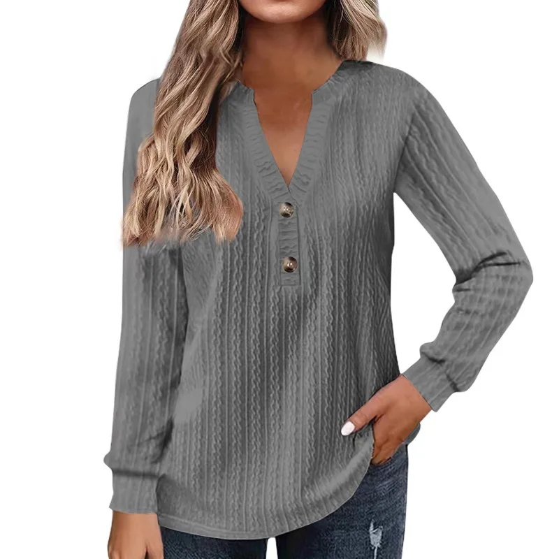 Primavera 2025 nueva colección de ropa de mujer cómoda camiseta de manga larga con cuello en V cepillado y arrugado y Top arrugado