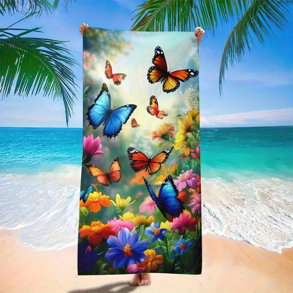 

Beach towel butterfly and flower pattern sun protection and windproof suitable for beach pool camping travel beach blanket