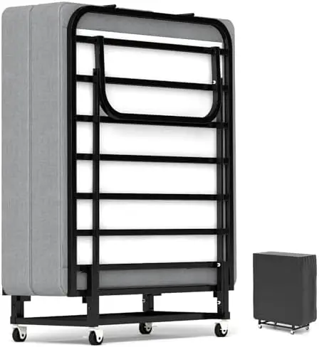 Rollaway Bed with Mattress for Adults, Folding Portable Guest Bed with Wheels, Foldable Metal Frame, Space-Saving