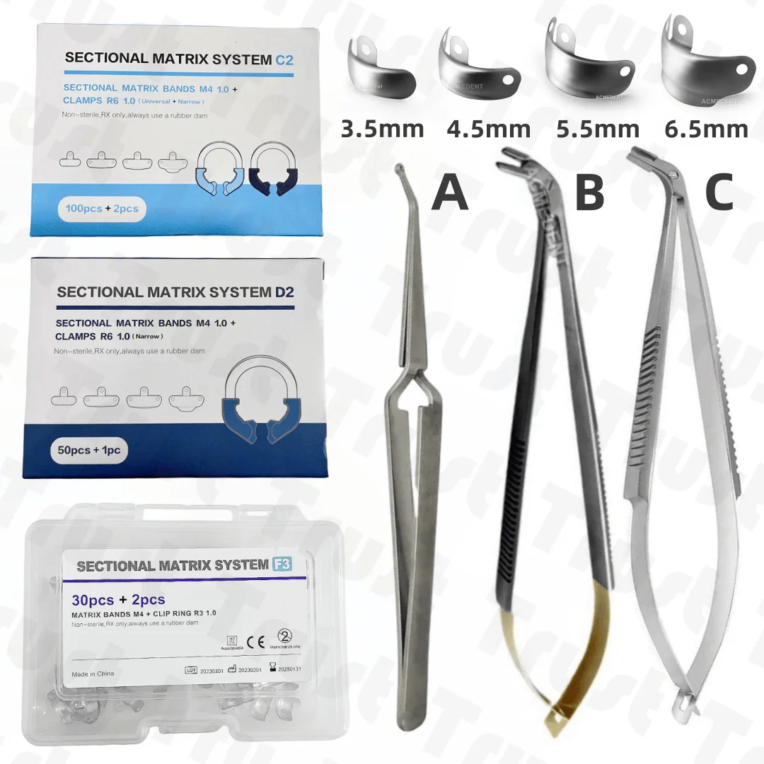 Dental Matrix Band Sectional Matrices Refill Kit with Wedge Plier & Ti-Ring Matrice Clamp – Essential Dental Tools for Restorati