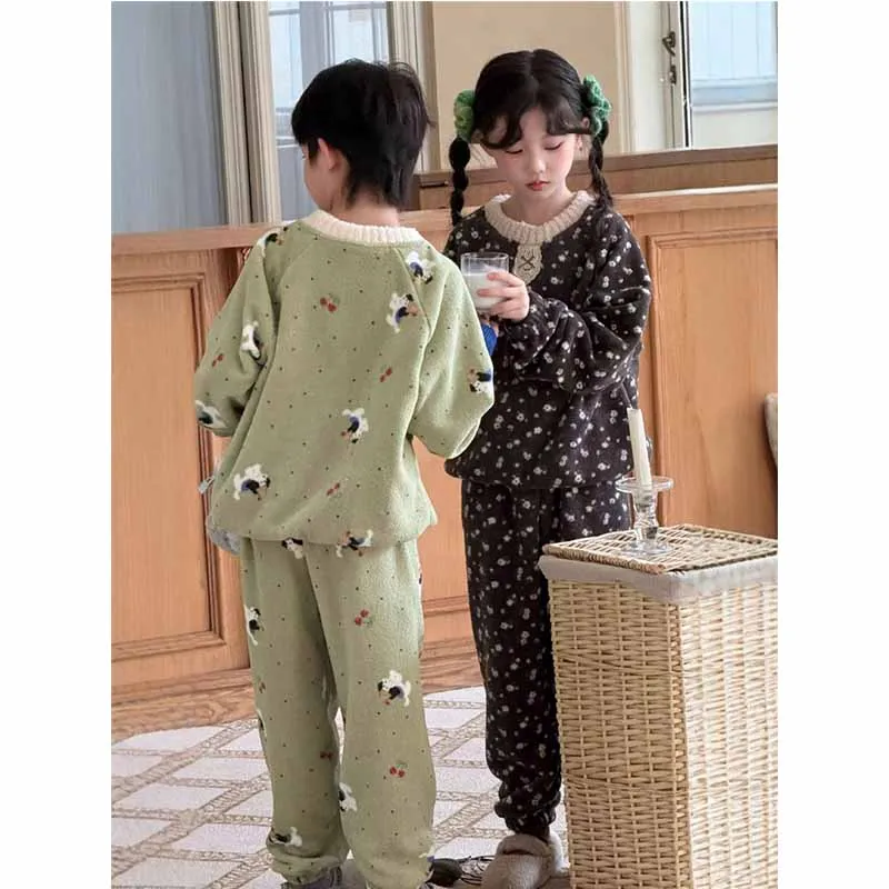Children's Flannel Sets Girls Fleece Suit Boys Warm Winter Outfits Autumn Thicken Pyjama Pants 2Pcs Kids Cartoon Casual Homewear