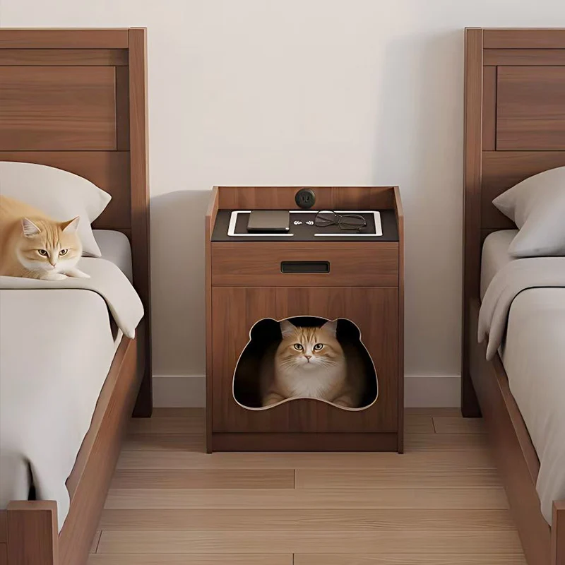 2-in-1 Cat Bed Nightstand with Hidden Cat Cave, Human Pet Shared Bedside Table, Multi-Functional Space Saving