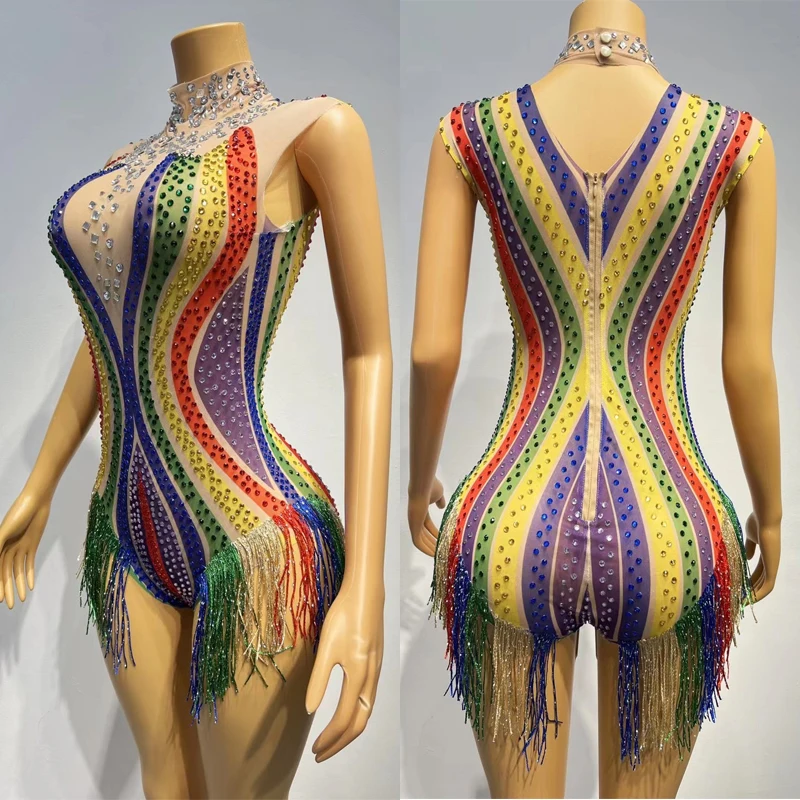 

Colorful Rhinestones Tassels Bodysuit Sexy Sleeveless Transparent Pole Dance Leotards Women Birthday Celebrate Costume Outfit HC