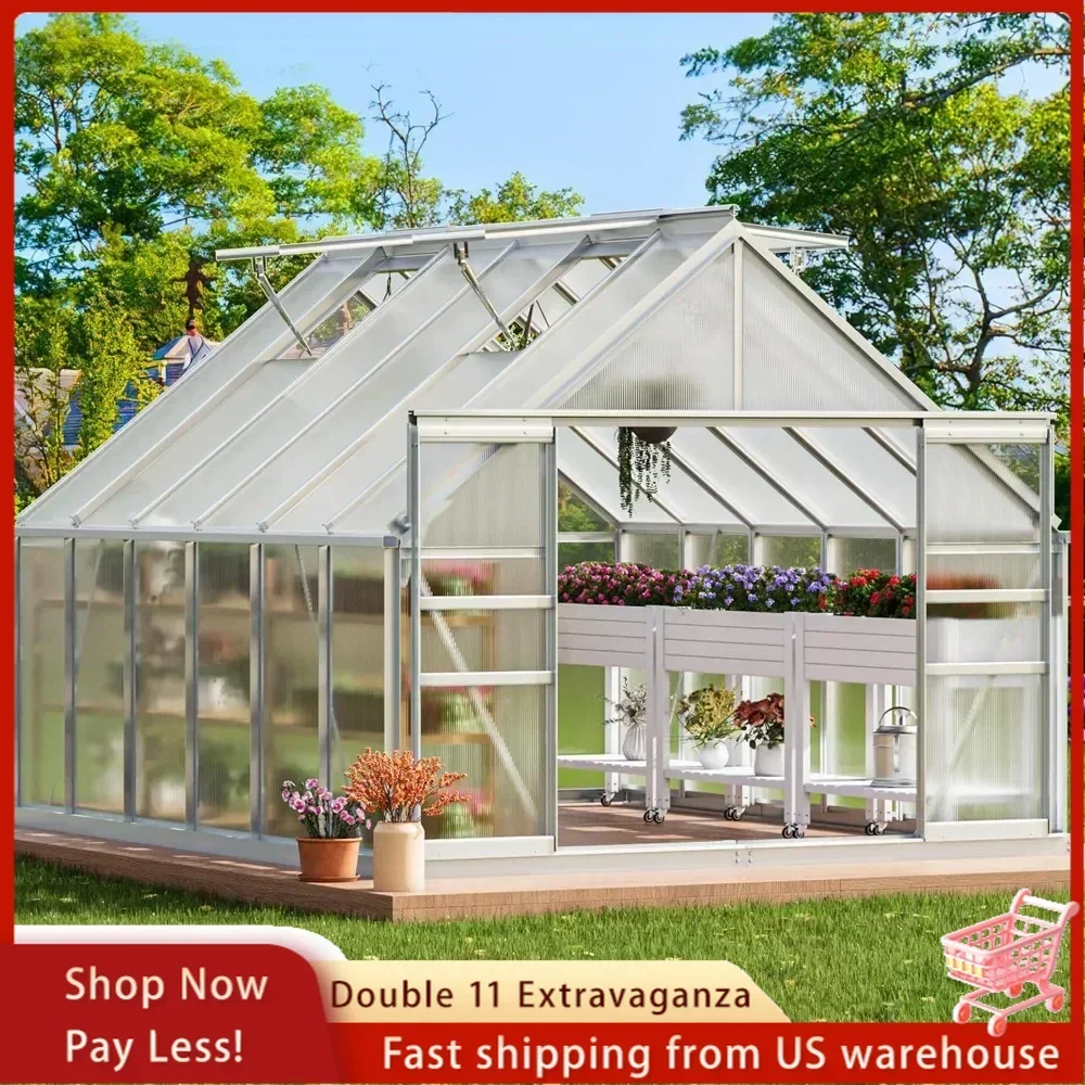 8x12FT Polycarbonate Greenhouse Large Heavy Duty Green Houses Outdoor Aluminum Greenhouses with Sliding Doors Vent Window