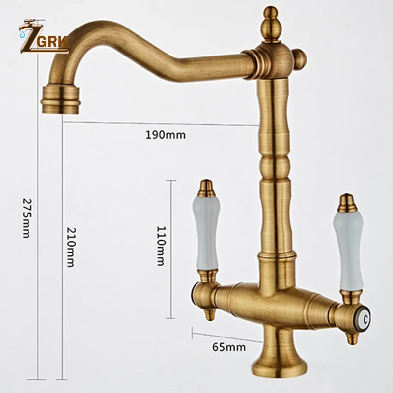 Brass Faucet Kitchen Cold and Hot Water Deck Mounted Basin Retro Faucet Dual Handle Single Hole Rotatable Water Tap Kitchen