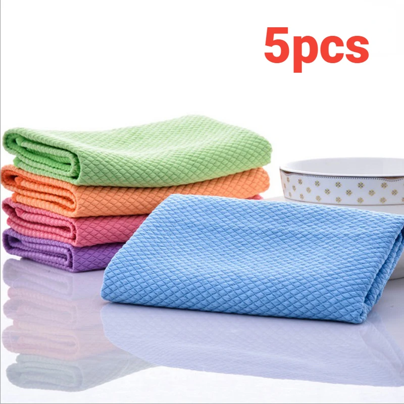 5pcs Microfiber Washing Dish Cloth Cleaning Towel Super Absorbable Window Glass Cleaning Cloth Kitchen Anti-grease Wiping Rags