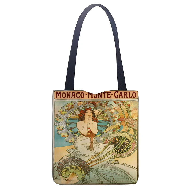 New Tote Bags Alphonse Mucha Art Printed Linen Fabric Eco Handbag High Capacity Shopping Office Reusable Casual Shoulder Bag