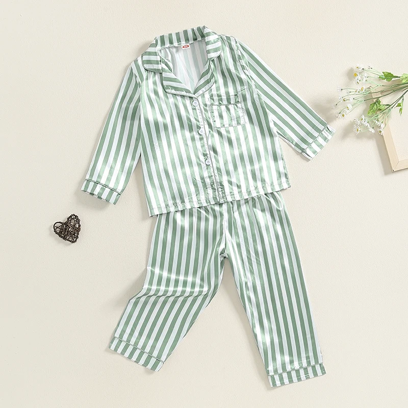 Kid Girls Boys Fall Pajamas Set Stripe Print Long Sleeve Shirts Tops Long Pants Satin 2 Pieces Lounge Suit Sleepwear