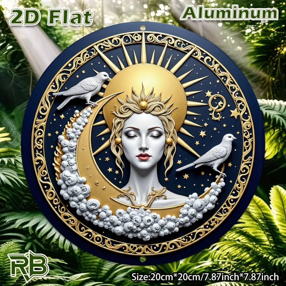 2D Metallschild Retro Himmelsdekoration Blaue Sonne Mond Sterne Vögel Runde Metallplatte 8x8 Zoll Aluminium Vintage Astronomie-Thema P