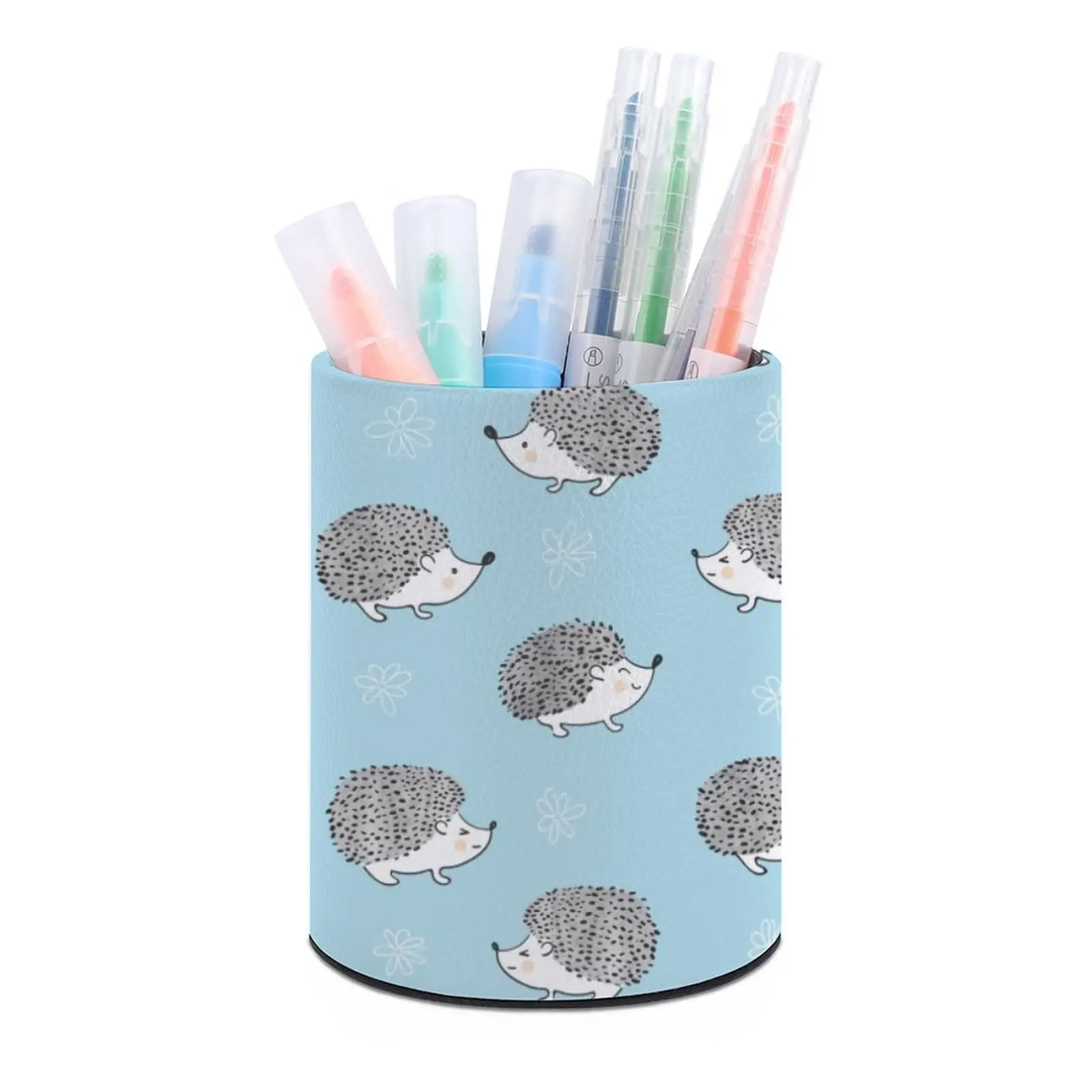 Cute Watercolor Hedgehogs Round Pen Holder PU Leather Pencil Holders Pens Organizer Pencils Cup Stand for Desk Makeup Brush Box