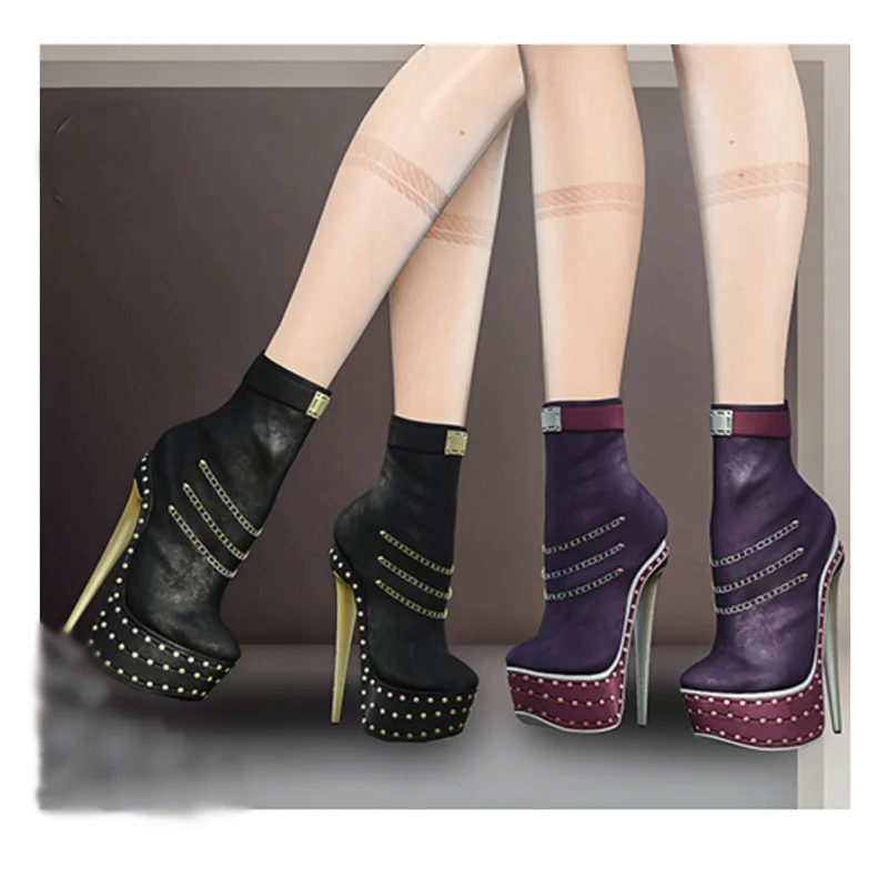 

Black Chain Rivet Mid Calf Boots Thin High Heel Pointed Toe Fashion Sexy Cool 2025 Winter Big Size Woman Shoes Zapatillas Mujer