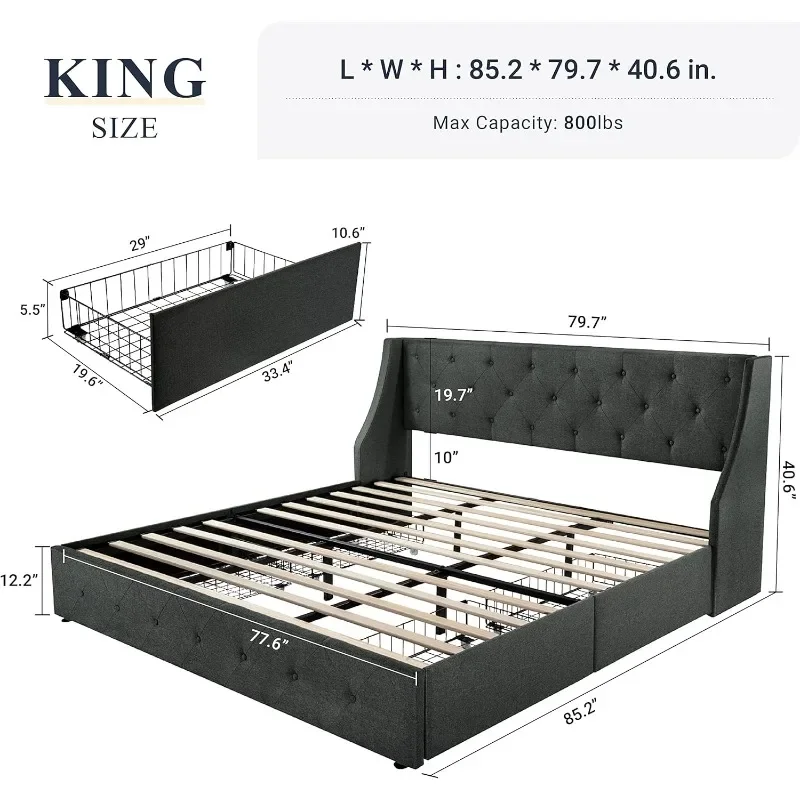 Kingsize Bedframe Met Opbergladen En Vleugelrughoofdeinde, Knoop Getufd Ontwerp, Geen Boxspring Vereist