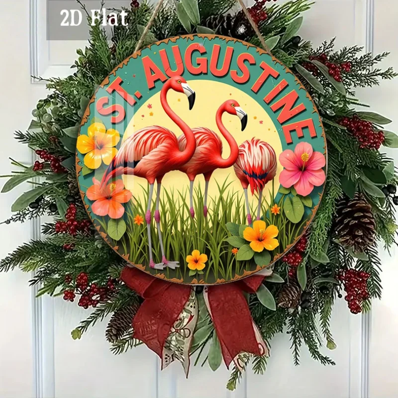 2D Flat - 1pc Tropical Flamingo Woodblock Printing Decoration, St. Augustine Round Wall Decor Summer Vibes Round Wooden Decorati