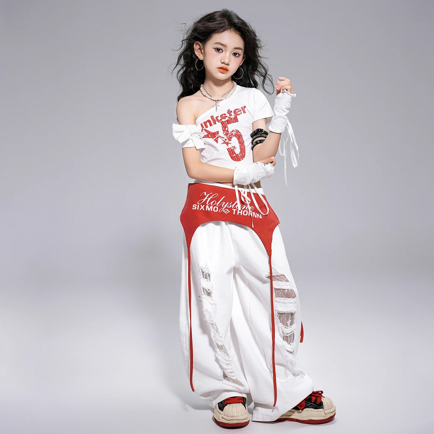 Girls K-pop Clothing Sweet Crop Top White Pants Hip Hop Clothes Kids Jazz Baggy Pants Children Streetwear Street Dance Costume