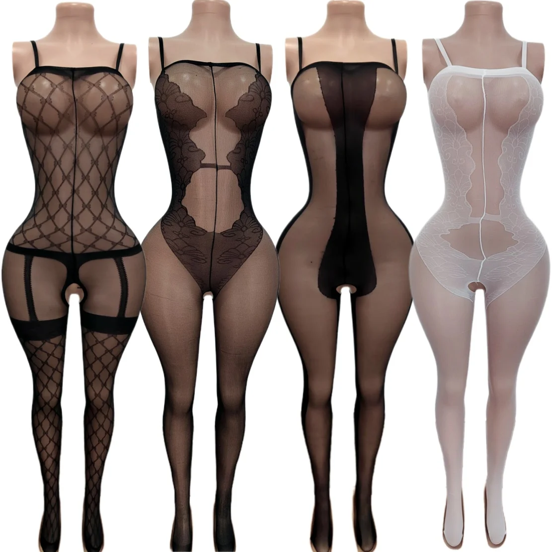 Women's Spaghetti Strap Sheer Bodycon Bodystocking, Crotchless See-Through Black Mesh Sexy Lingerie Nightwear