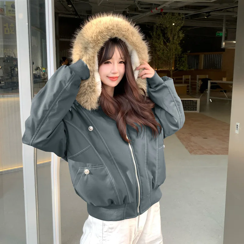 American Retro Fur Collar Hooded Parkas Trend High Street Short Winter Jacket for Women Y2K Fashion Cotton Padded Outwear