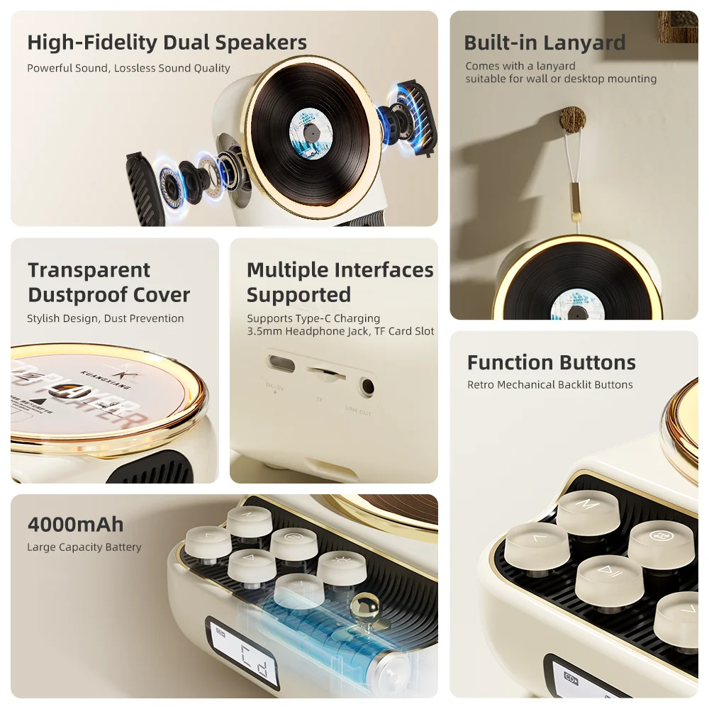 KUANGXIANG Portable Retro 4-in-1 Music System CD Player with for Bluetooth Speaker FM Radio and LED Night Light