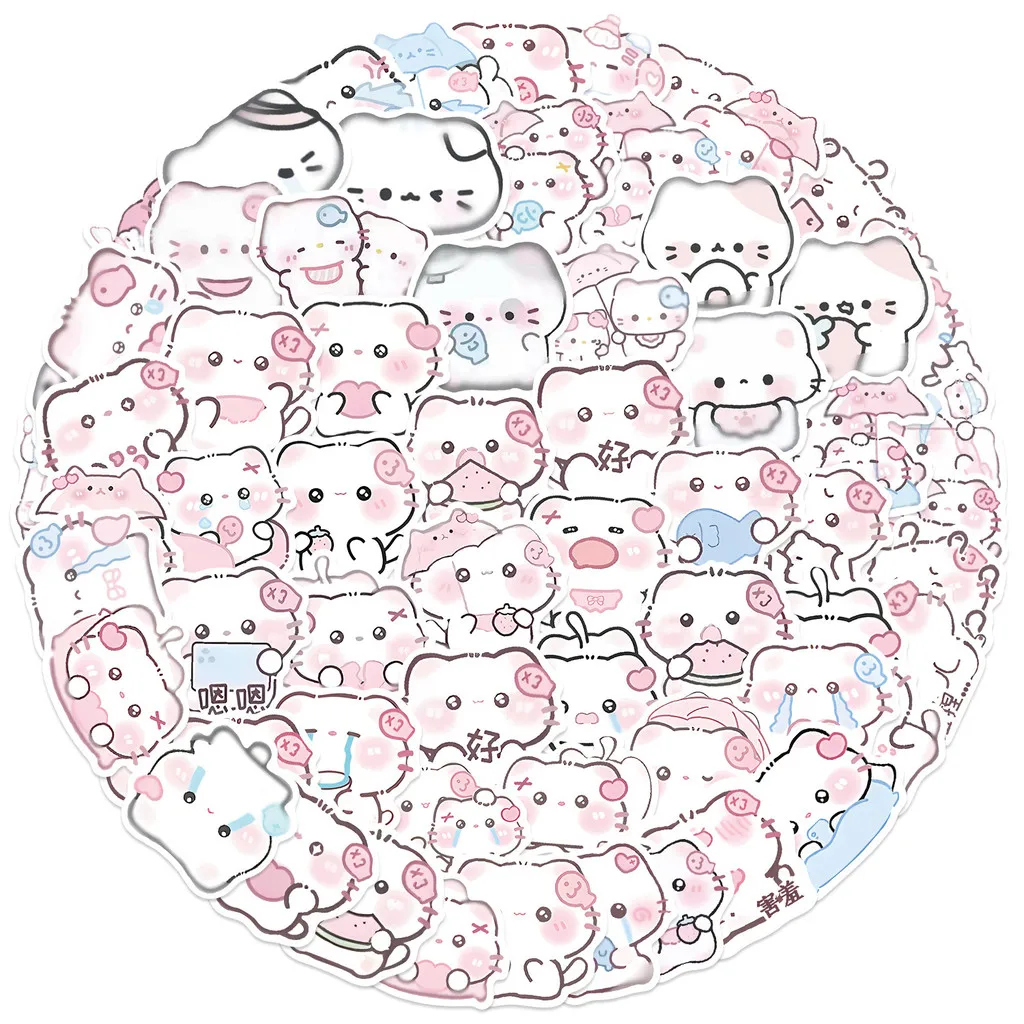 64PCS Cartoon Rainy Mist Kitten Graffiti Stickers - Waterproof for DIY Decor on Guitar, Notebook & Luggage( Anime Worlds Store)