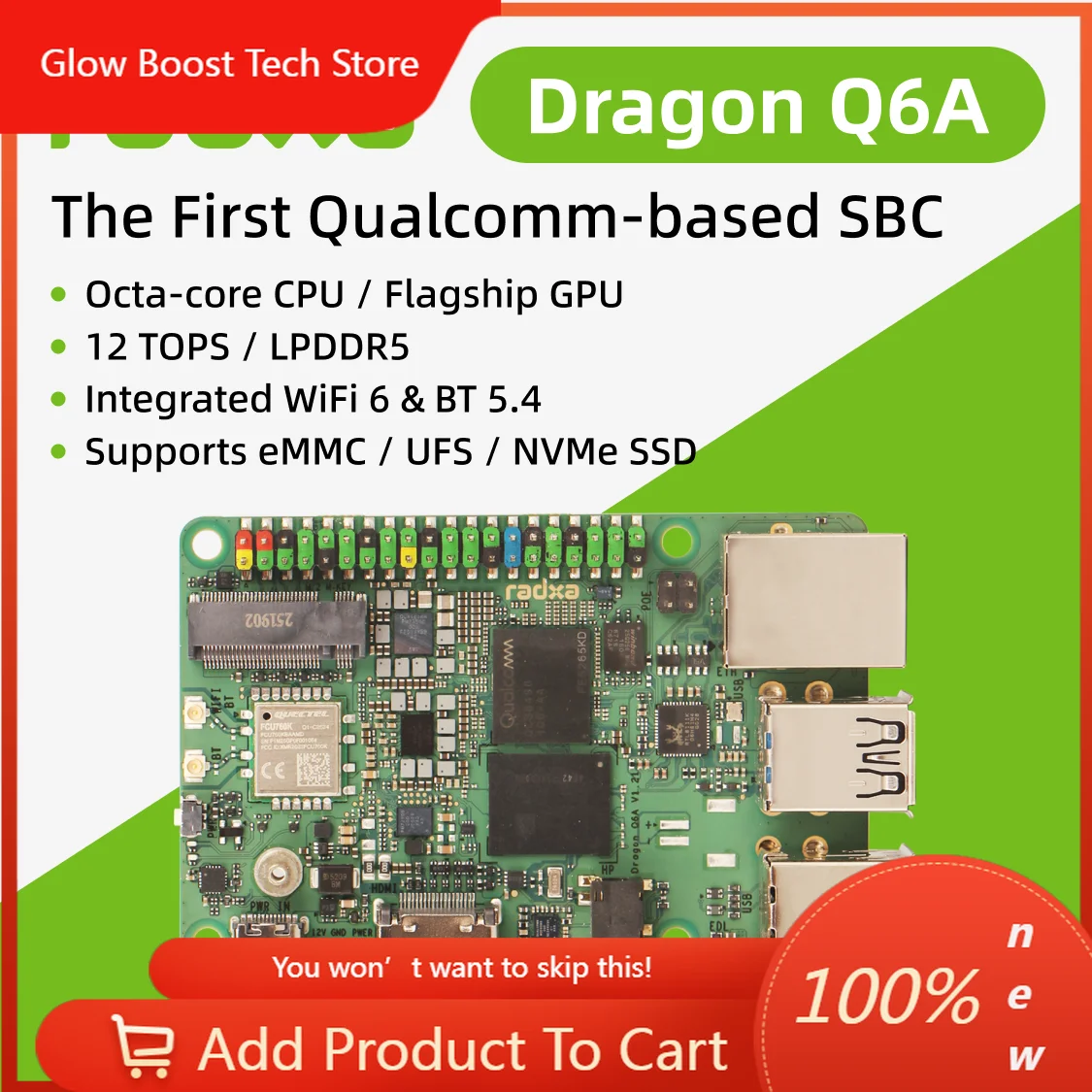 NYRadxa Dragon Q6A: Qualcomm QCS6490 Edge AI Solution, 12 TOPS Performance, LPDDR5 Memory, Octa-Core Processor