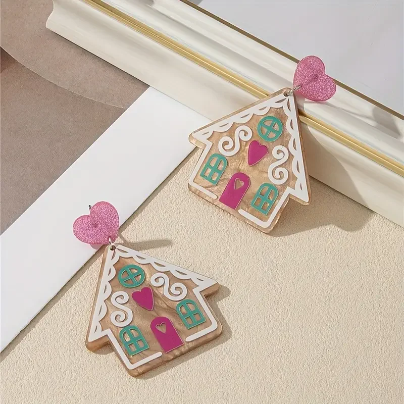 Par de pendientes acrílicos de casa de pan de jengibre con detalles de corazón, joyería bonita para fiesta de Navidad de dibujos animados, regalo festivo rosa y verde azulado