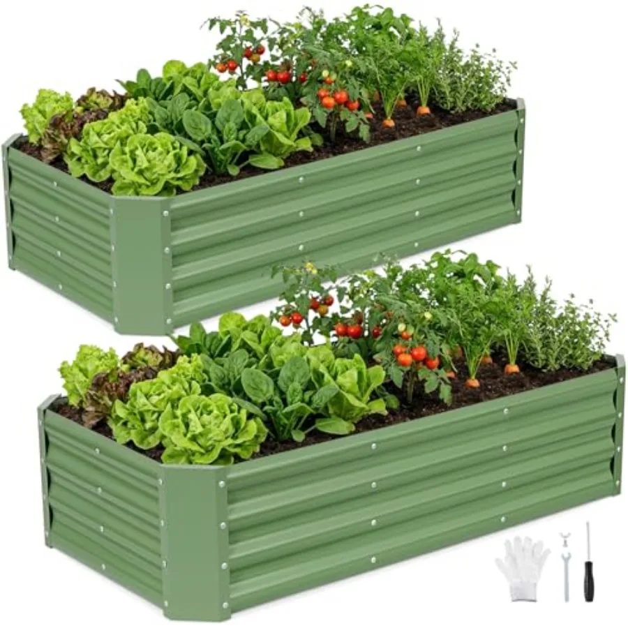 Kit de 2 Macetas Elevadas Galvanizadas de 4×2×1 pies, Jardinera Metálica para Exteriores para Vegetales, Flores, Hierbas y Suculentas, Color Verde Oliva
