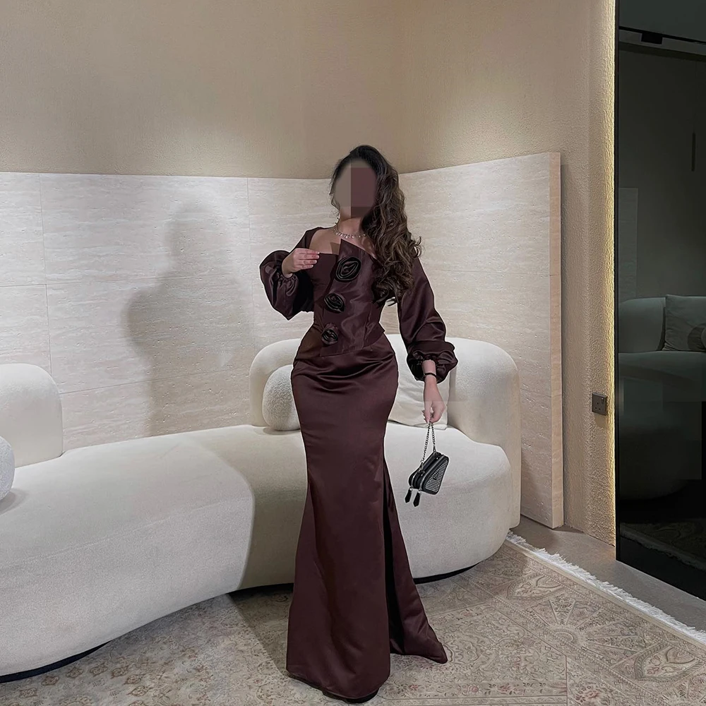 

Атласное вечернее платье русалки с квадратным воротником по индивидуальному заказу, с длинными рукавами и цветочной аппликацией, вечернее платье длиной до пола, платье для выпускного вечера