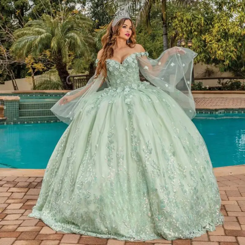 

Customized Light Green Princess Ball Gowns Quinceanera Dresses for Girls Appliques Beads Off the Shoulder Tulle Vestido De 15
