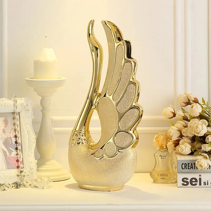 2PCS Gold Swan Lovers Home Decor Ceramic Crafts Porcelain Animal Figurines Wedding Decoration Lovers New Year Gift