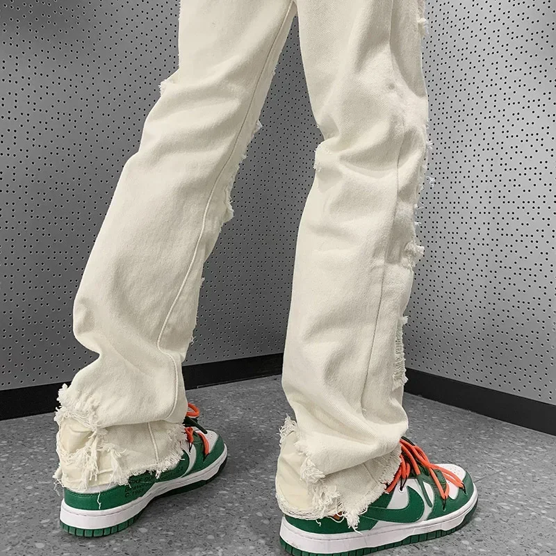 

2025 Spring and Autumn new niche design sense American high street white pants men's slim fit straight leg micro flared pants