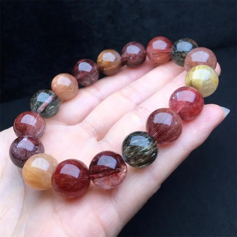 14MM Natural Colored Rutilated Quartz Bracelet Women Men Cool Chakra Bead Reiki Energy Stretch Bangles Wrist Jewelry 1PCS