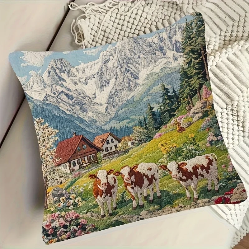 1pc Alpine Mountain Cow Print Pillow Cover, 2D Double-Sided Polyester Cushion Case, Swiss Chalet Country Decor Pillowcase, Gift