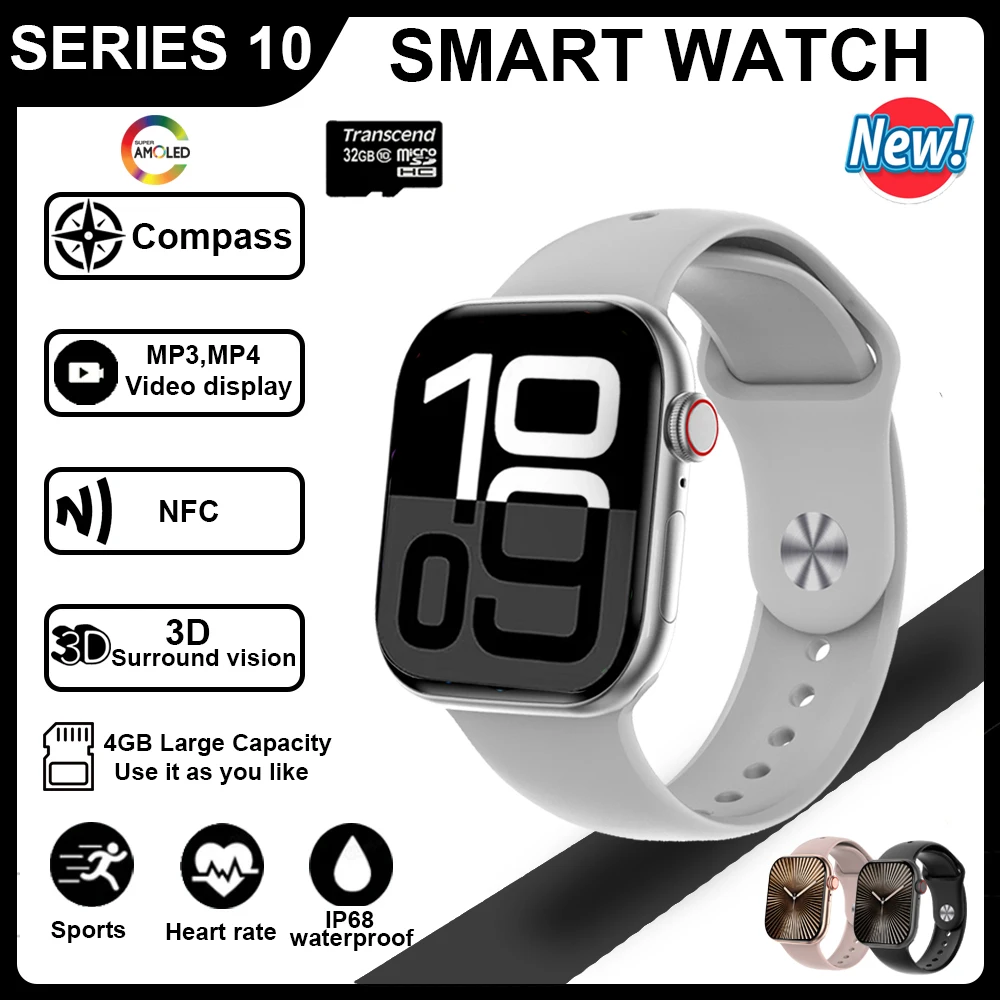 2024 New Watch Tenth  GPS Smart Watch Men  Series Alway On Display Body Temperature BT Call NFC Women Smartwatch 4GB Memory