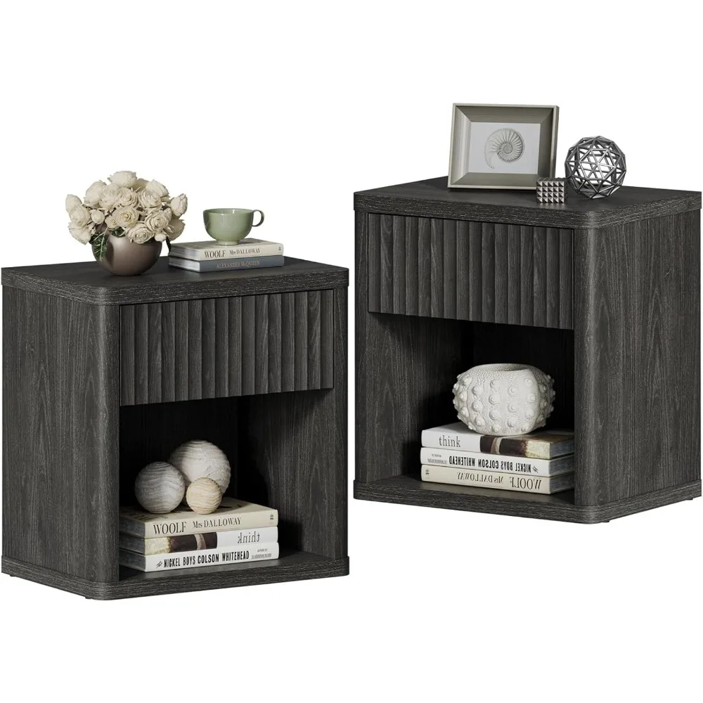 

night stand set of 2 nightstands with drawer storage fluted bed side table end table large modern wide bedside mid century nigh