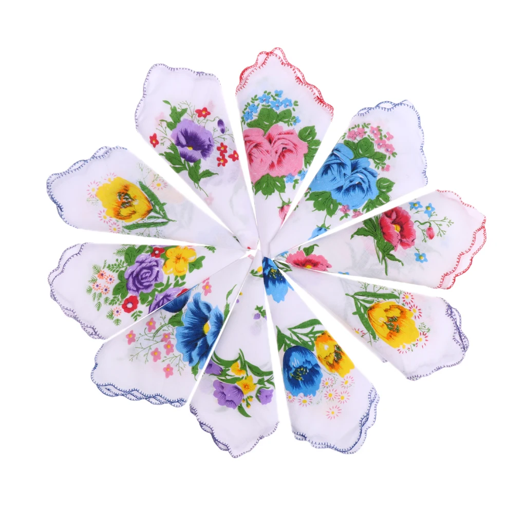 10Pc Vintage  Flower Handkerchief Square Hankies Hanky Women Kids Gift