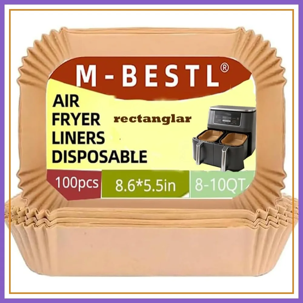 

100 Pcs Air Fryer Parchment Paper Liners, 8.6x5.5 In Rectangle Disposable for Dual Basket 6-10 QT, Baking Roast