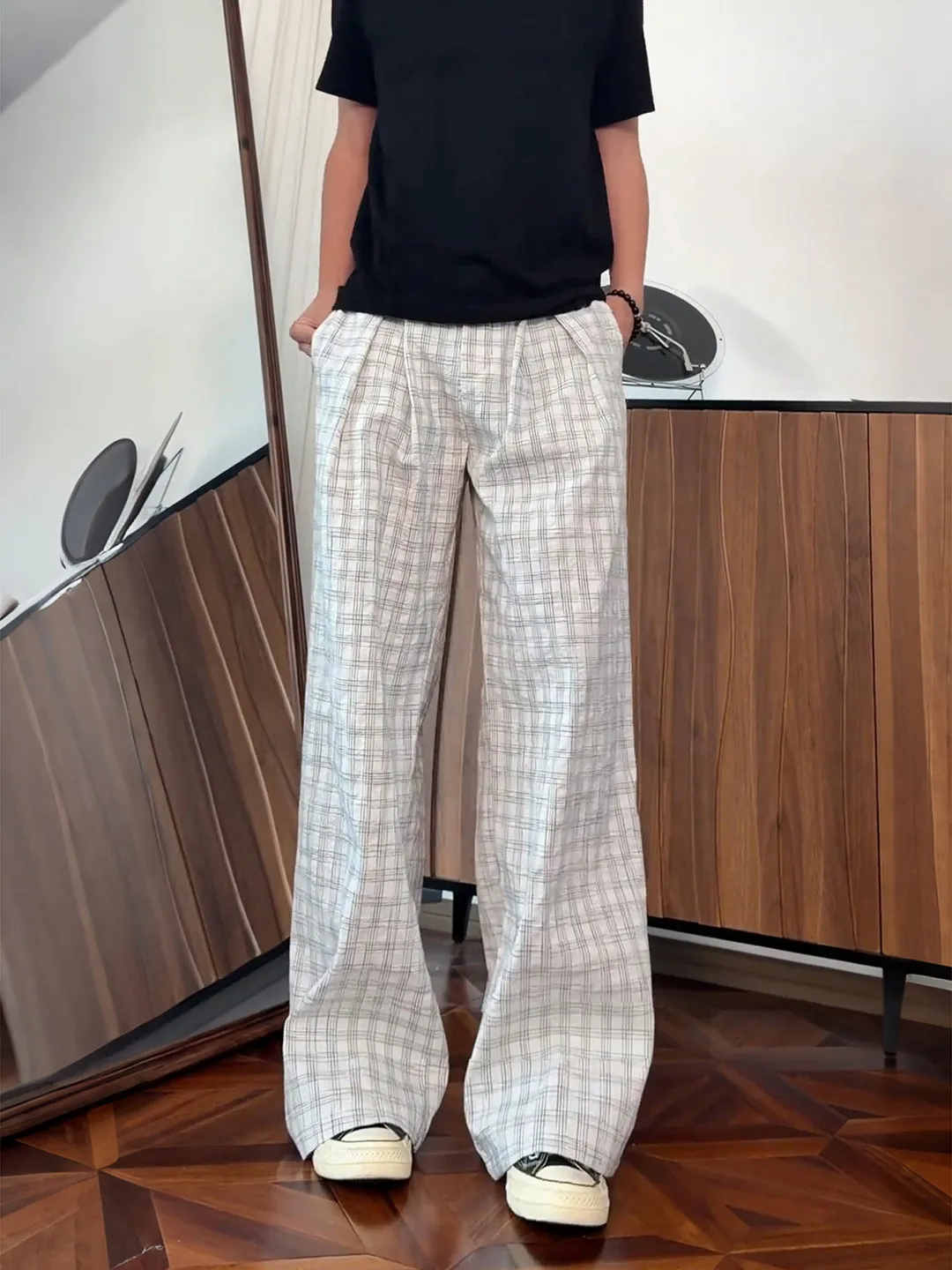 American Style Bubble Cloth Plaid Pants Men Summer Thin High Waist A-Line Lazy Style Knife Wide Leg Sports Casual Pants