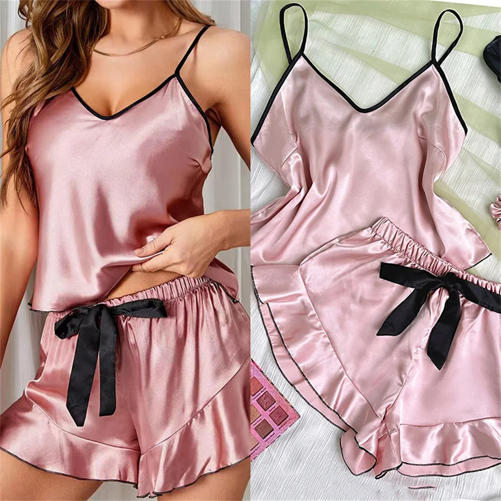 Women\'s Smooth Satin Pajamas V-Neck T-Shirt Ruffled Edges And Bow Shorts Simple And Breathable Pajama Set Sling Home Clothing