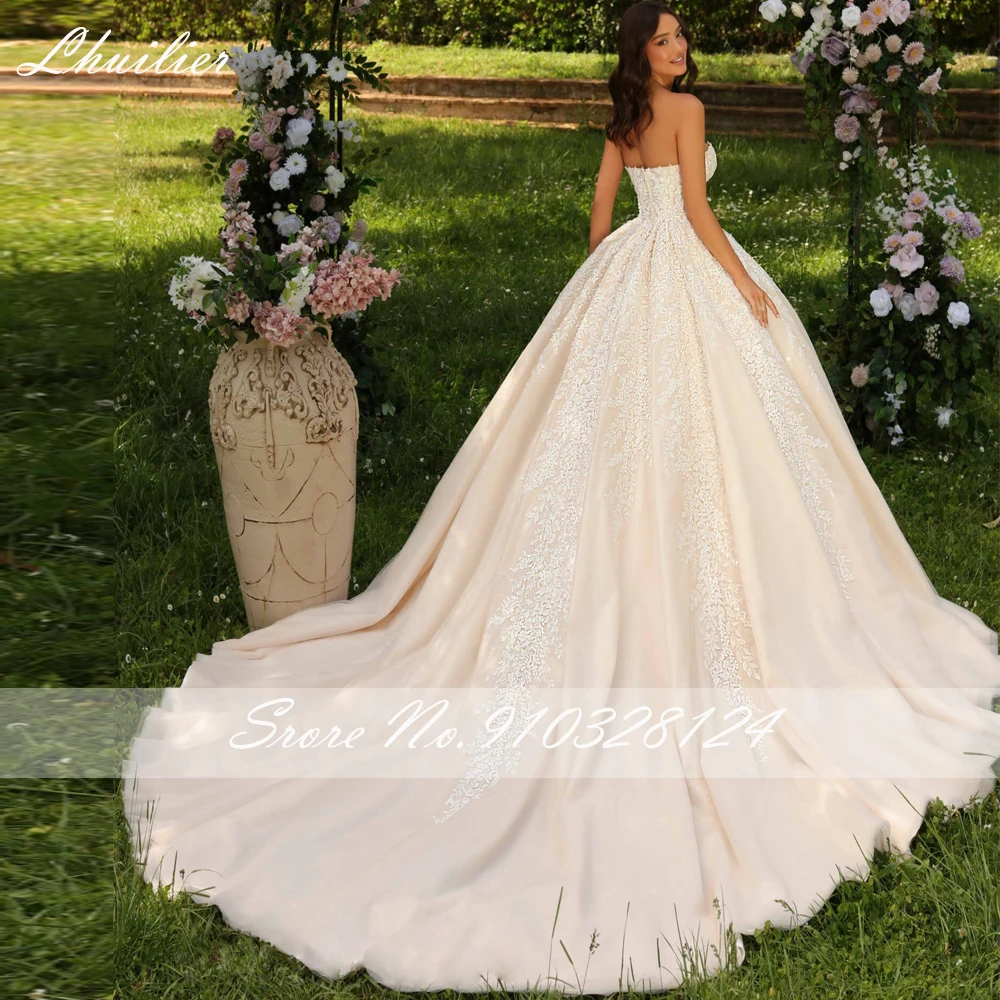 Lhuilier A Line Strapless Lace Appliques Wedding Dresses Floor Length Removable Sleeves Bridal Gowns with Chapel Train