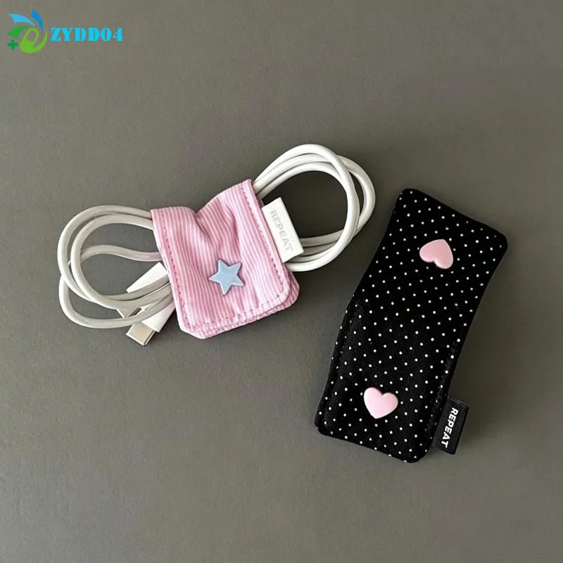 ●1Pcs Earphone Decoration Accessories Handmade Fabric Cute Wave Dot Earphone Storage Bag Data Cable Organizer