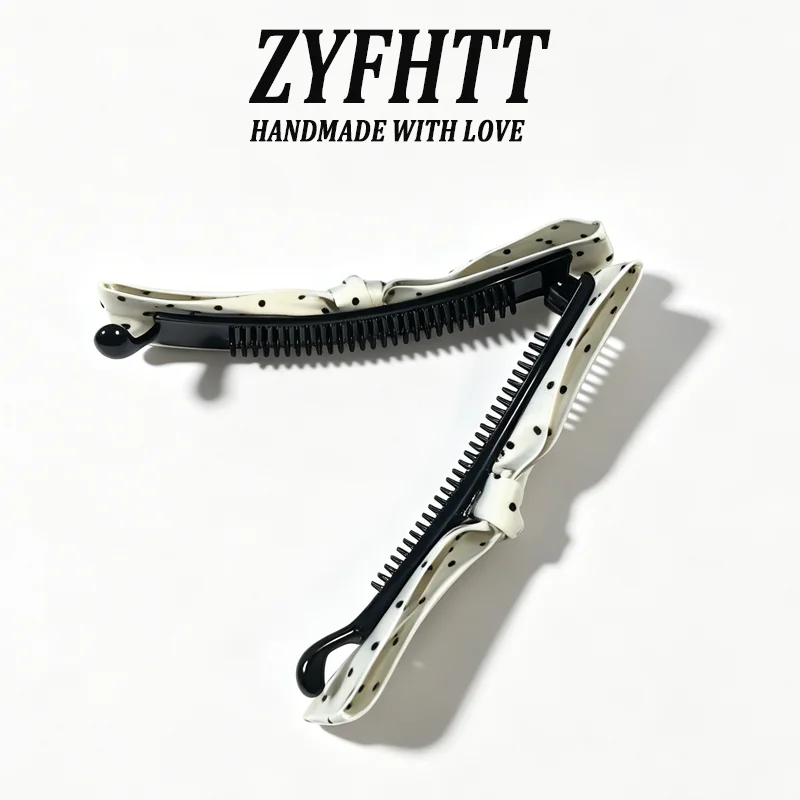 1/2 Stück ZYFHTT Schwarz-weiße gepunktete Haarspange mit Schleife für Damen, elegante Haarspange für den täglichen Gebrauch, Bananenspange, modische Haarspange für Mädchen, Pferdeschwanzspange – Detail 3