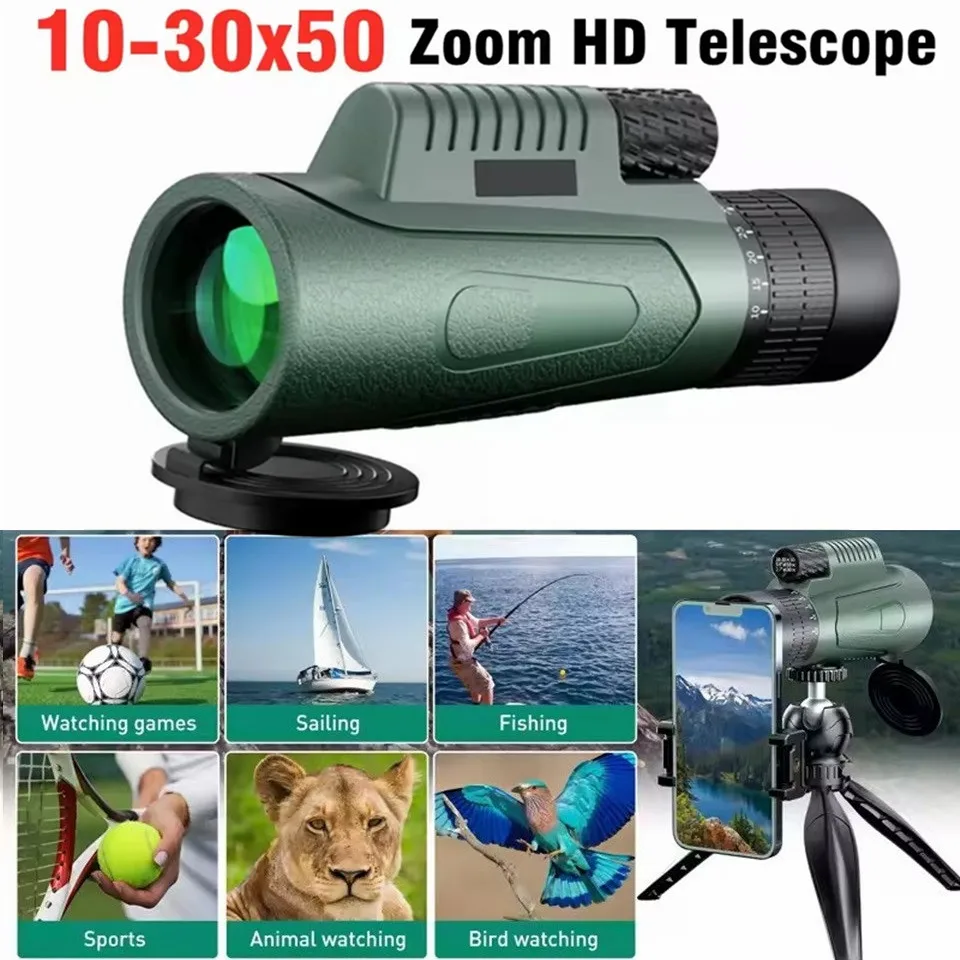 

10-30x50 зум-телескоп, монокуляр для кемпинга, HD зрительная труба со штативом, зажим для телефона для наблюдения за птицами, охотничий бинокль