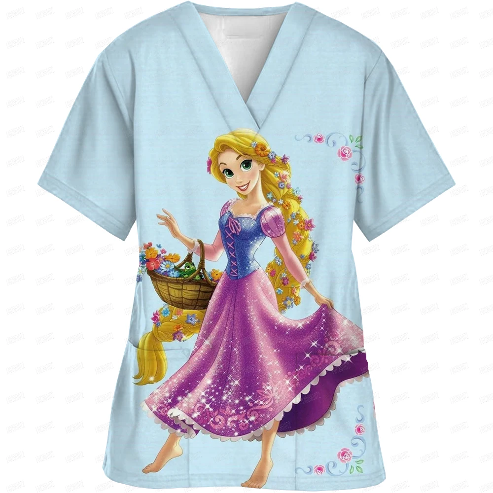 Women's 2024 Pocket Women's Hospital Summer Top Disney Princess Print T-shirt V-neck Nurse Uniform T-shirt Mickey Top