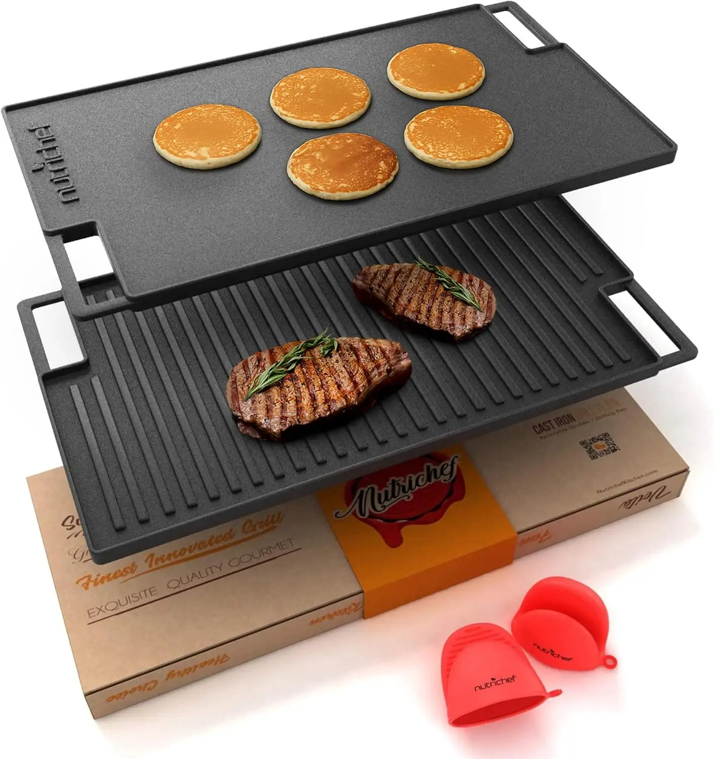 

Reversible Cast Iron Griddle 18x10 Inch - Flat & Ridged Sides for Indoor/Outdoor Cooking, Even Heat Distribution