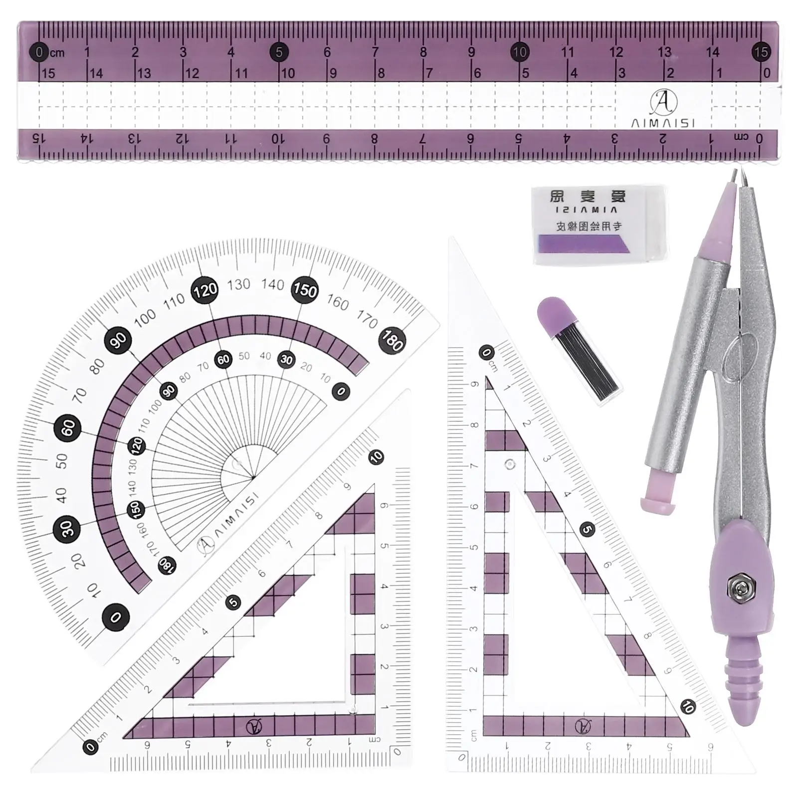 7pcs Set Pink Transparent Ruler Kit Protractors Compass Triangle Board Kids Drawing Stationery Office Supplies Student