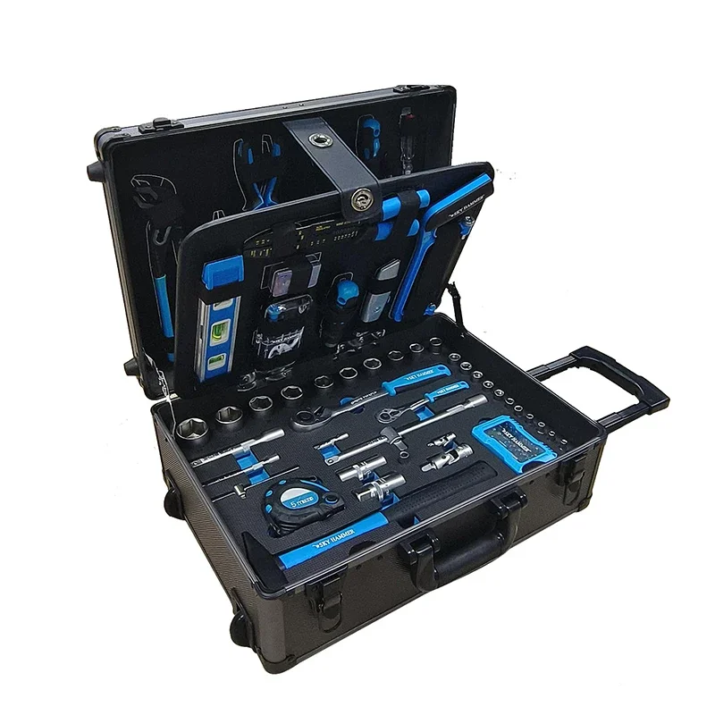 128PCS Professional Custom Repairing Hand Tools For Garage Repair With Hand Tool Sets In Bi-Color Trolley Aluminum Box